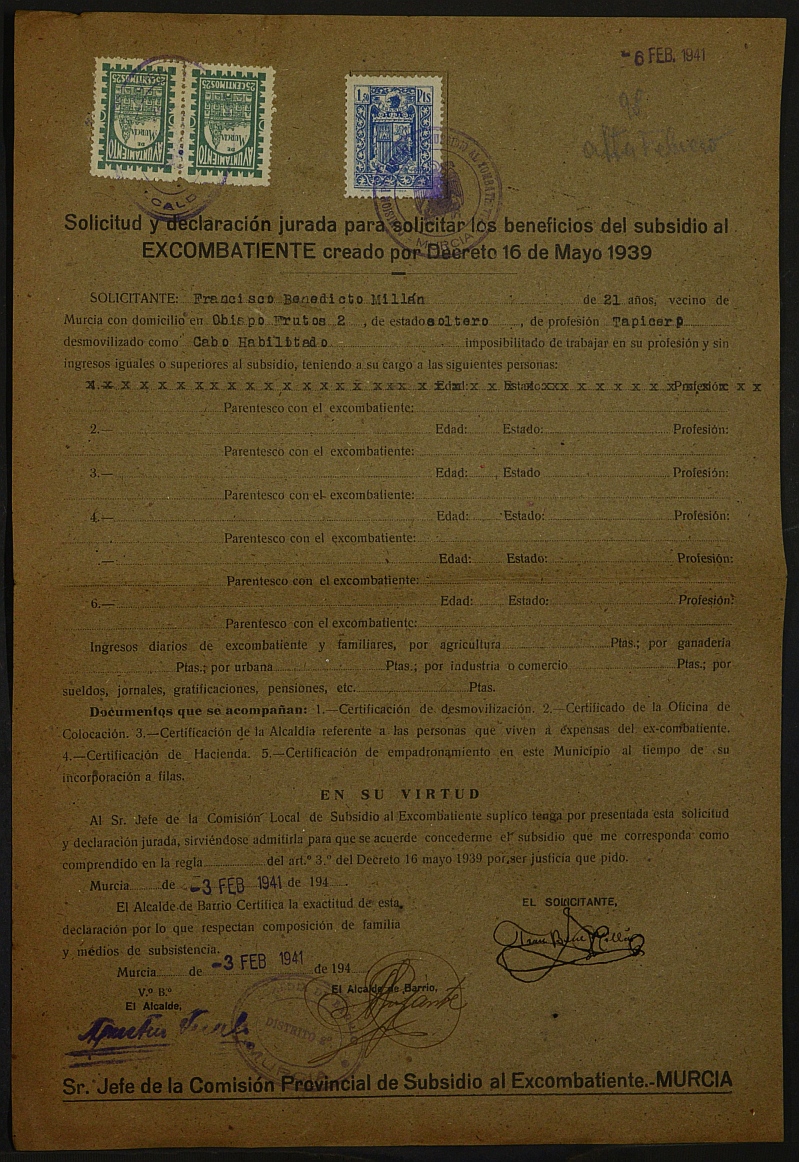 Expediente nº 98/1941 de beneficiario del subsidio al excombatiente de Francico Benedicto Millán